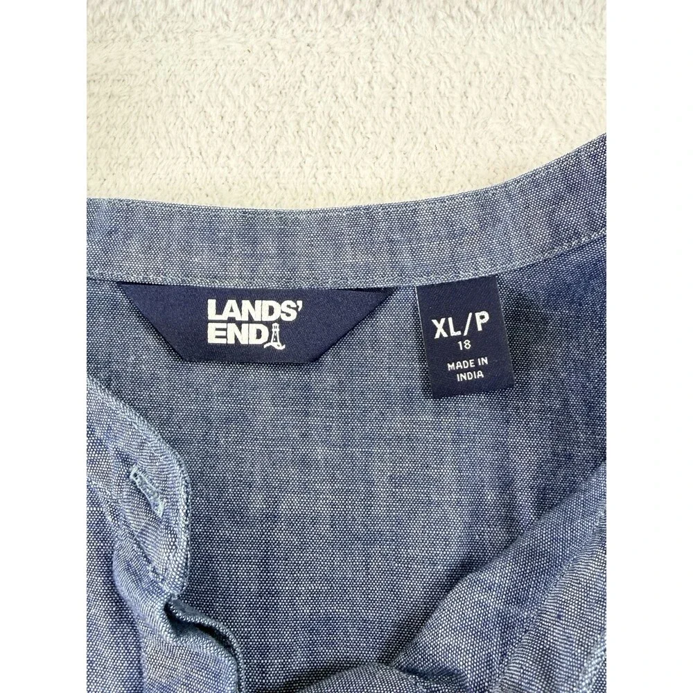 Lands End XL 18 Blue Chambray Tunic Band Collar Gathered Back Pockets EUC - Picture 3 of 7